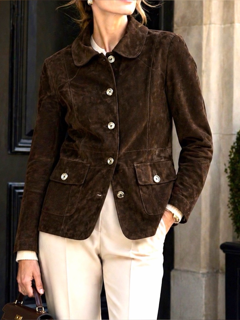 Vintage - Chocolate Brown Suede Jacket with Rounded Collar, Size Large